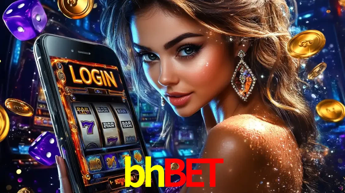 Mulher glamorosa segurando um smartphone com a tela de login para os jogos de caça-níqueis do cassino online bhbet, com moedas de ouro e dados ao redor.