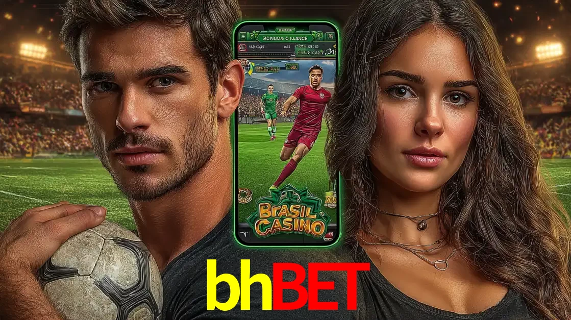 Homem segurando uma bola de futebol e uma mulher ao lado de um smartphone exibindo o jogo de apostas esportivas da bhbet. Faça seu palpite no cassino online.
